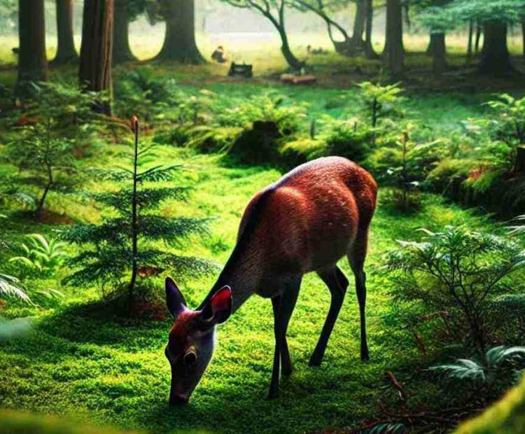 A peaceful scene of deer grazing in a meadow, their calm movements blending with the natural surroundings.