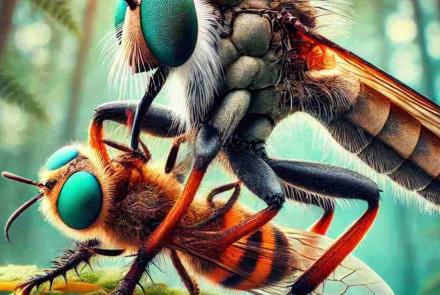 Two insects involved in a mysterious drama, seemingly communicating or interacting on a tree branch.